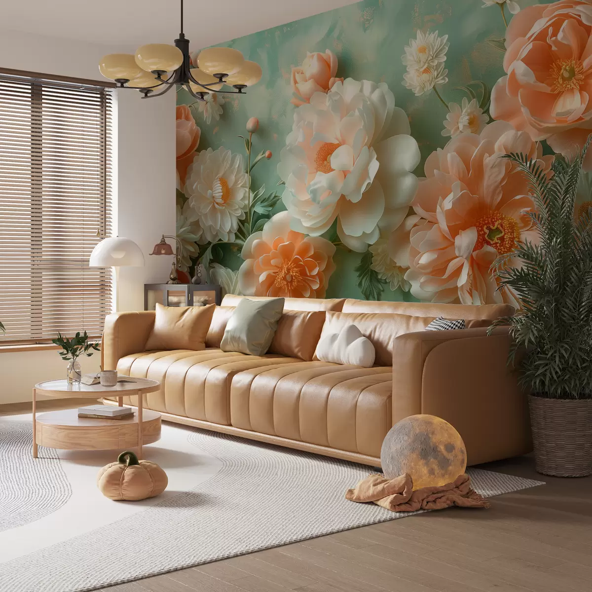 murales de pared Suave composición de peonías y crisantemos sobre un fondo esmeralda. w01426