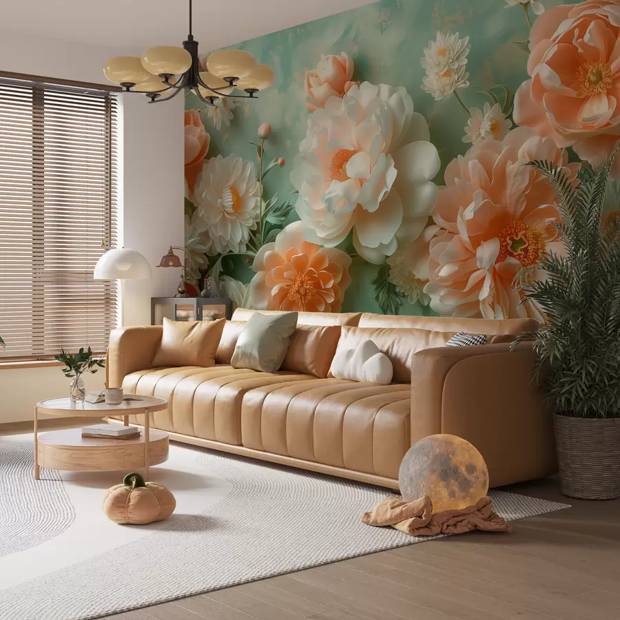 murales de pared Suave composición de peonías y crisantemos sobre un fondo esmeralda. w01426