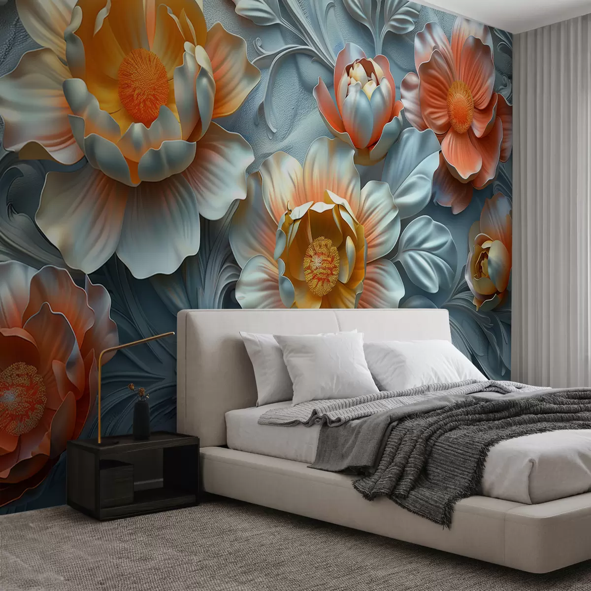 murales de pared Ilustración 3D de flores abstractas brillantes en estilo barroco sobre un fondo vegetal w01427