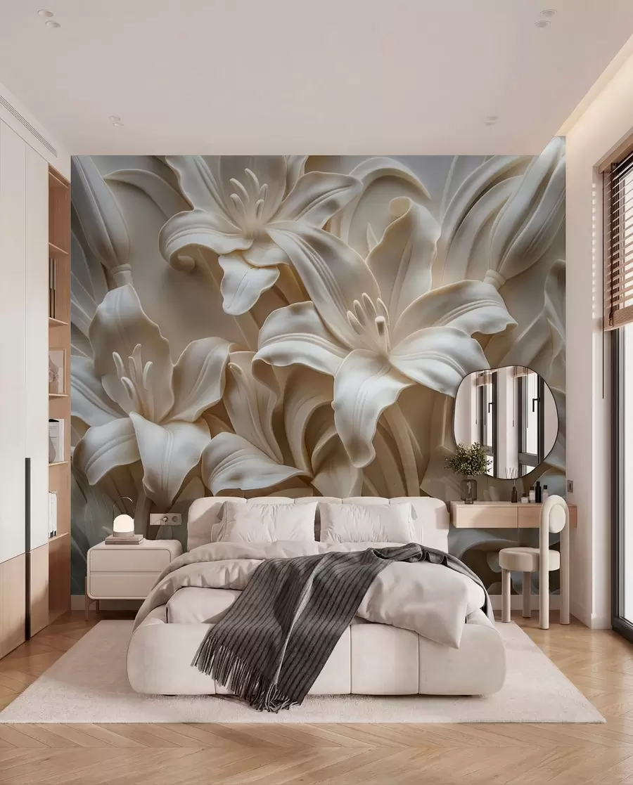 murales de pared Elegante relieve tridimensional de color beige de lirios tallados w01433