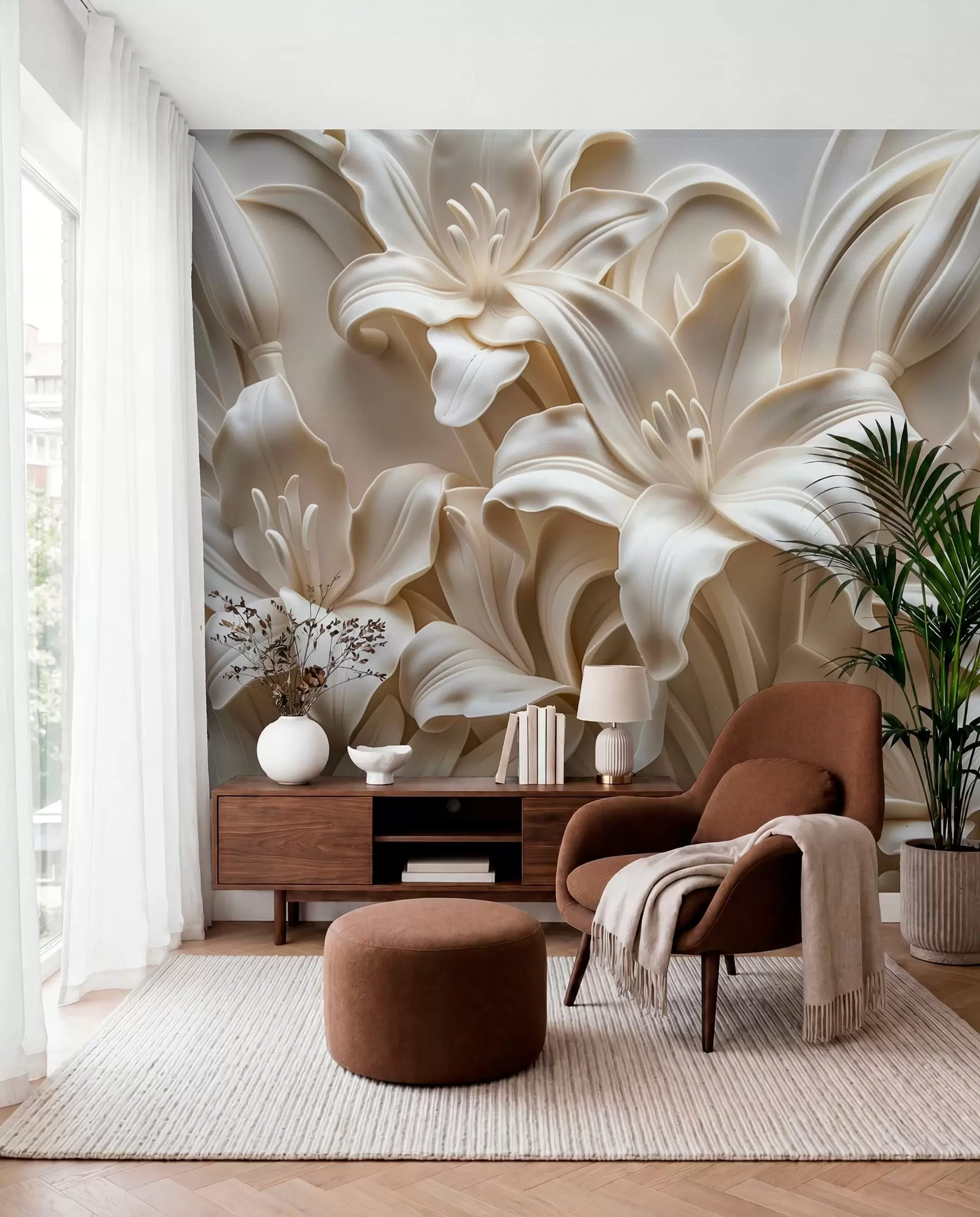 murales de pared Lirios en relieve marfil w01433