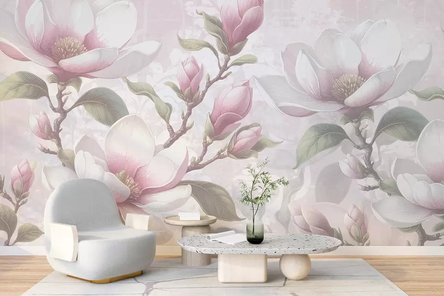murales de pared Delicadas flores de magnolia rosa en plena floración sobre un fondo suave y borroso w08216