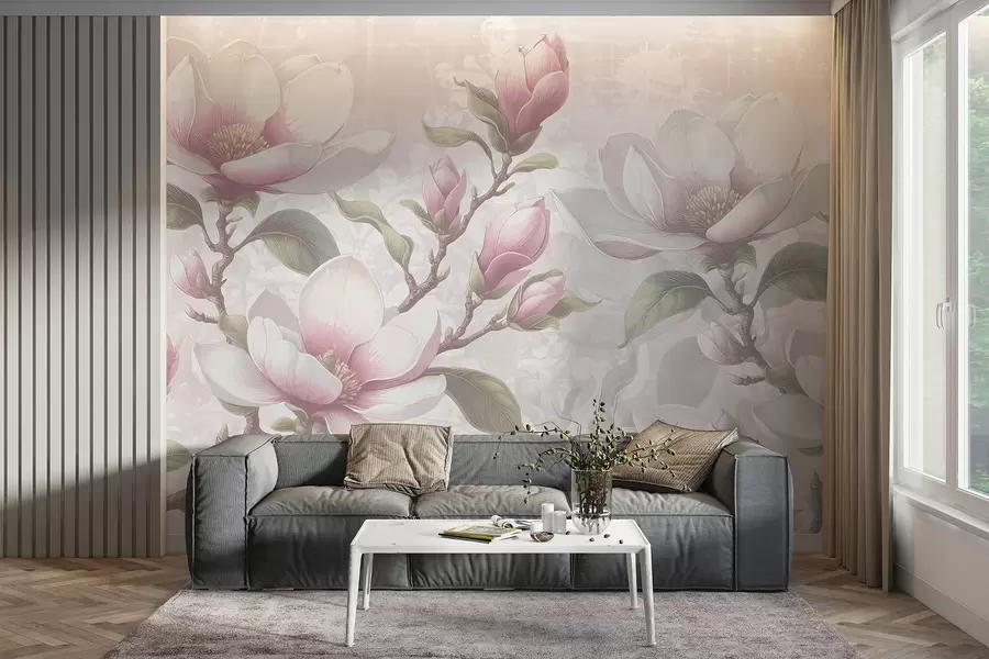 murales de pared Delicadas flores de magnolia rosa en plena floración sobre un fondo suave y borroso w08216