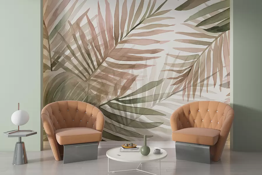 murales de pared Hojas de palmera en acuarela en varios tonos de verde y rosa sobre un fondo claro w08218