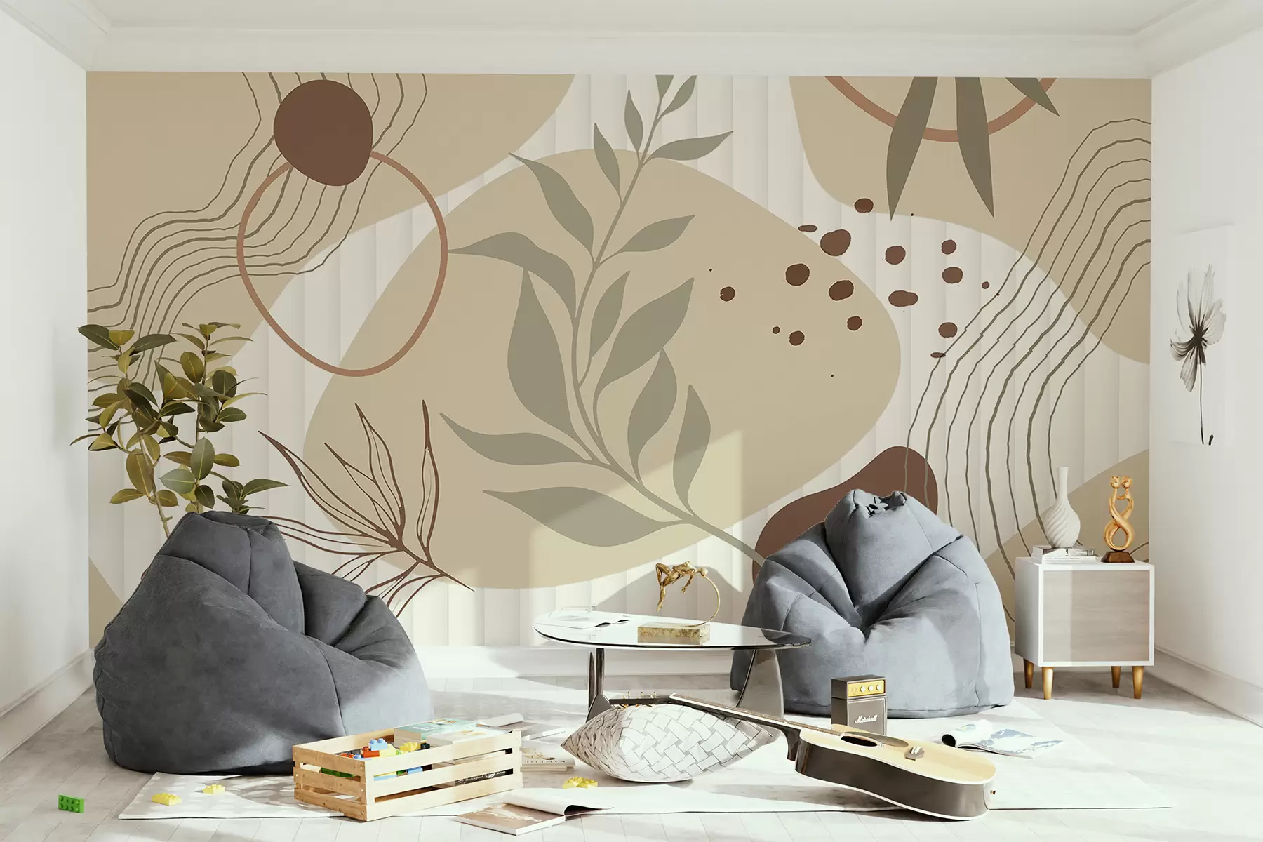 murales de pared Formas y patrones orgánicos abstractos en tonos neutros, que incluyen hojas, ramas y formas geométricas. w08219