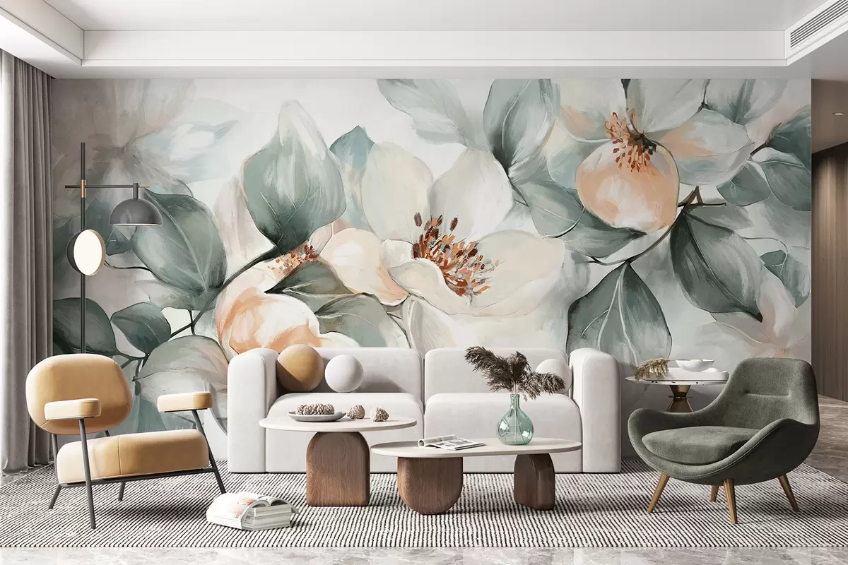 murales de pared Delicadas flores de magnolia blancas y rosas con hojas verdes suaves sobre un fondo claro. w08220