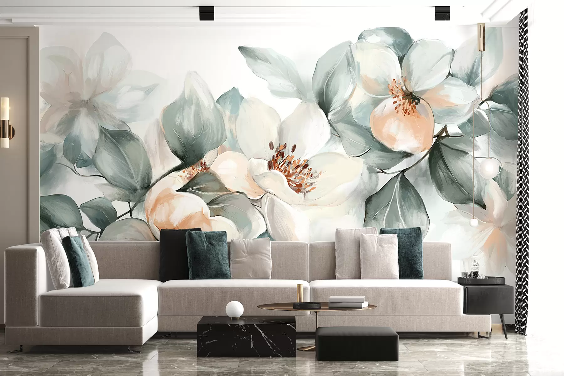 murales de pared Delicadas flores de magnolia blancas y rosas con hojas verdes suaves sobre un fondo claro w08220