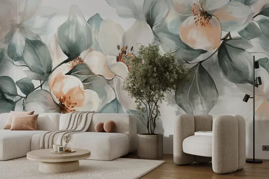 murales de pared Delicadas flores de magnolia blancas y rosas con hojas verdes suaves sobre un fondo claro w08220