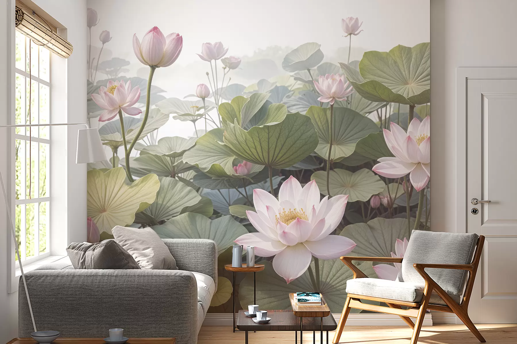murales de pared Flores de loto rosas y blancas con grandes hojas verdes, rodeadas de un fondo atmosférico y brumoso. w08221