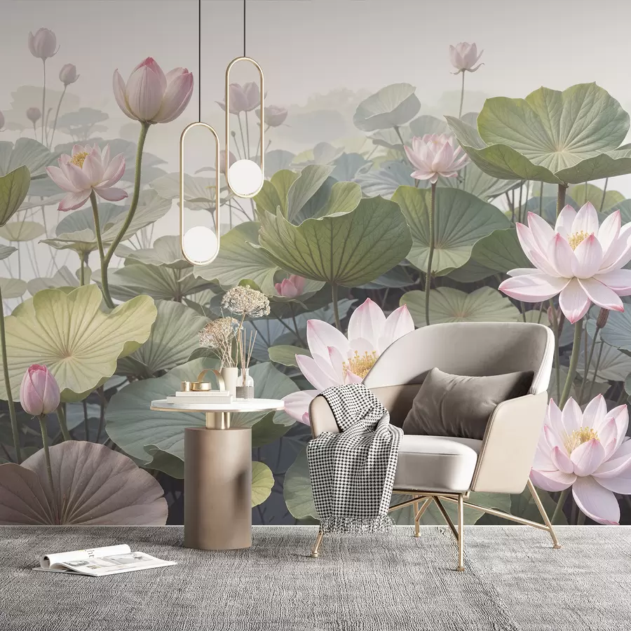 murales de pared Flores de loto rosas y blancas con grandes hojas verdes, rodeadas de un fondo atmosférico y brumoso w08221