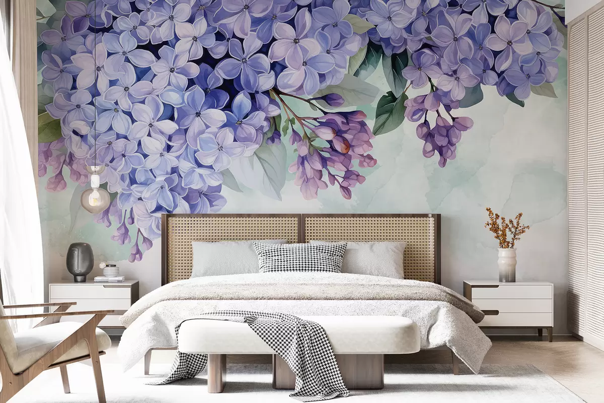 murales de pared Flores de hortensia de color púrpura vibrante con hojas verdes, que llenan el marco contra un fondo suave y borroso. w08223
