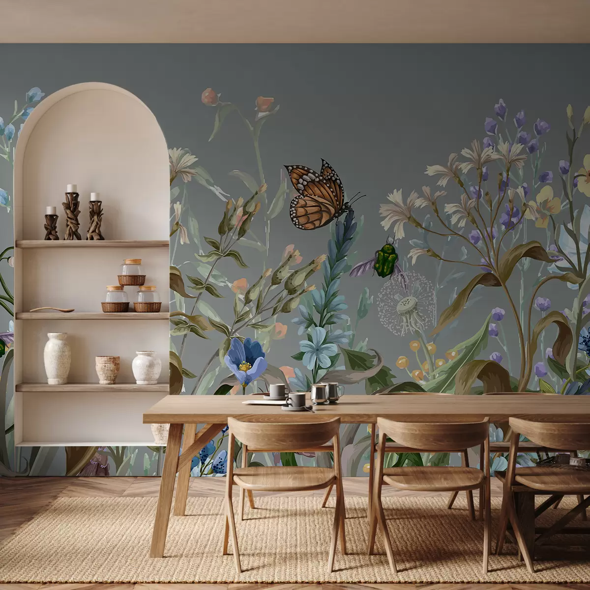 murales de pared Una colorida ilustración azul de una escena de jardín de flores exuberantes con insectos en un estilo fantástico y onírico. w08234