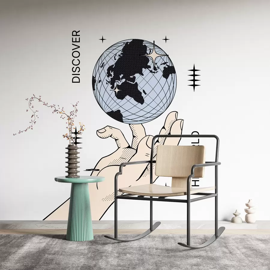 murales de pared Mano beige girando el globo sobre un fondo blanco para la decoración de la habitación o la oficina w00984