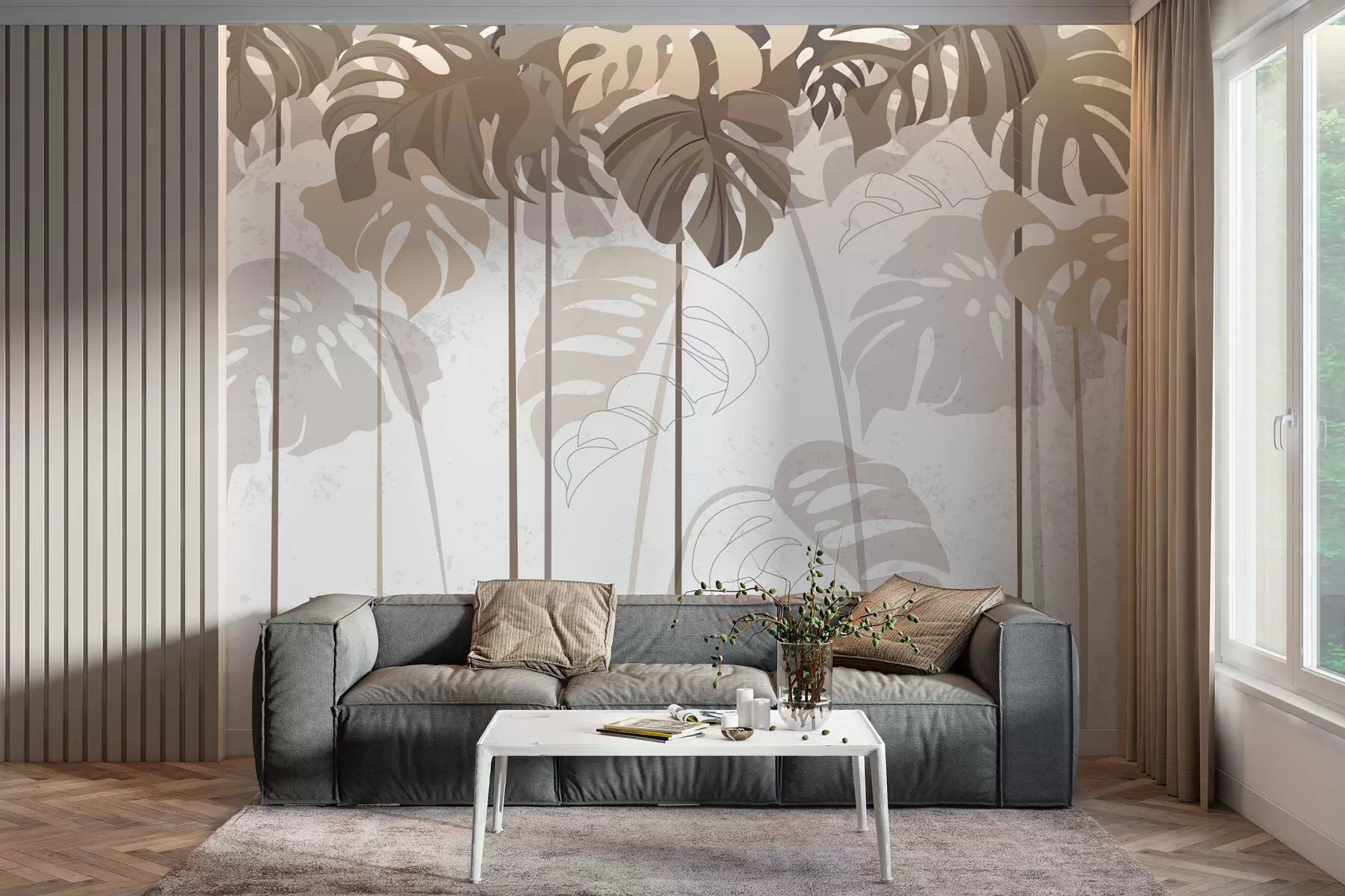 murales de pared Hojas de Monstera Tropics en tonos beige claro w01454