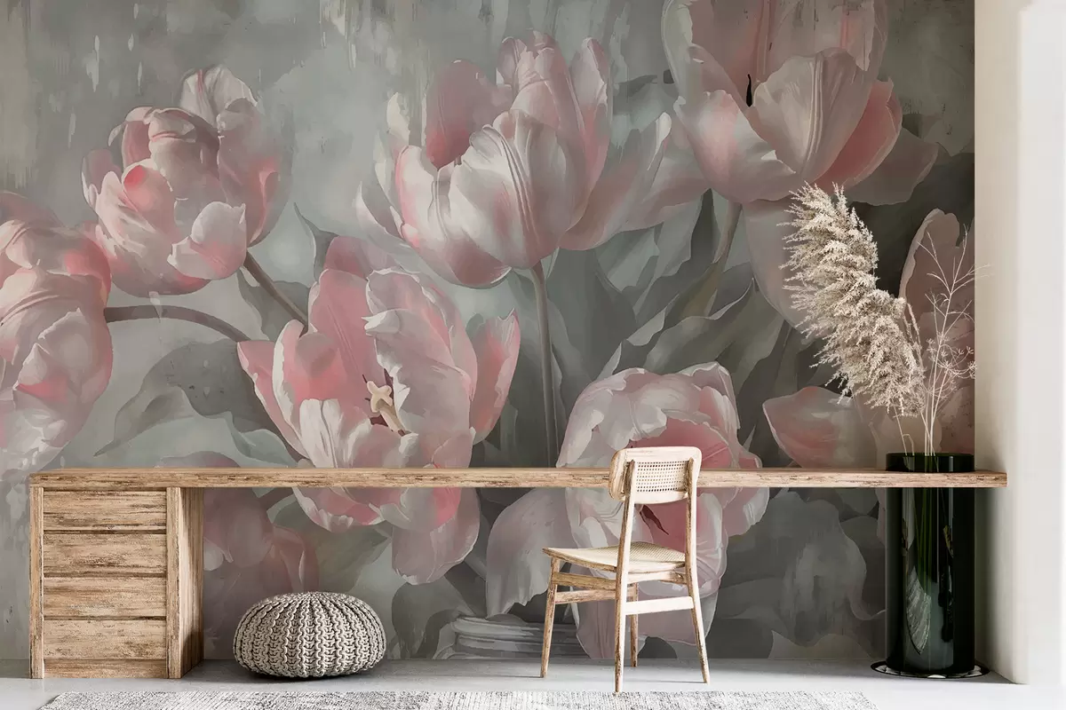 murales de pared Tulipanes rosas en estilo vintage w00966