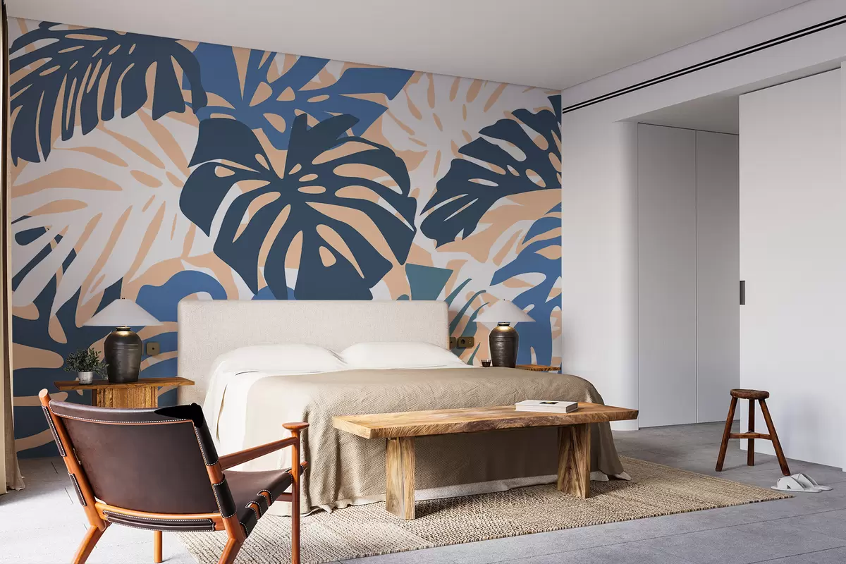 murales de pared Hojas de monstera tropical brillantes, tonos azules y rosados. w01002