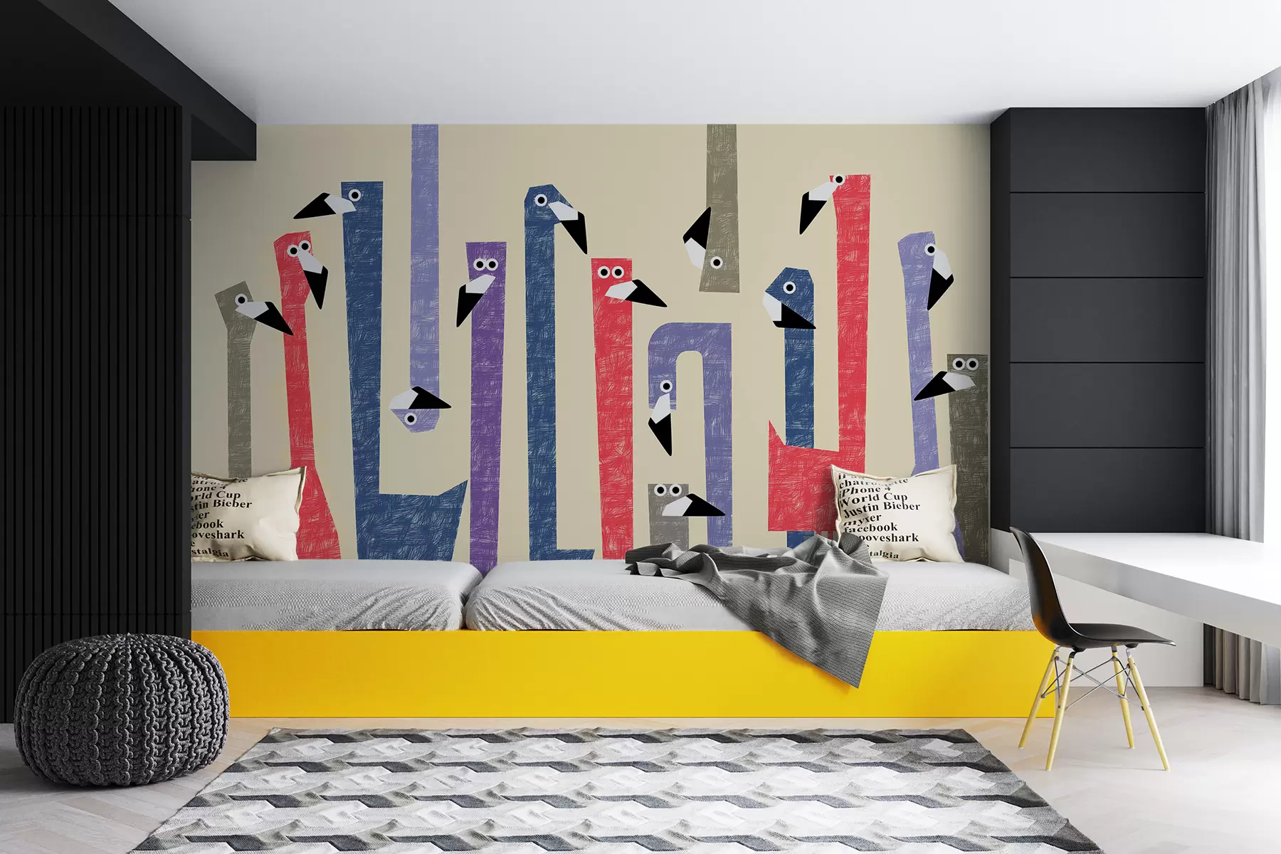 murales de pared Ilustración de flamenco estilizado brillante, colores rojo, rosa, azul, morado, gris, imitación de un dibujo con trazos w01003v1