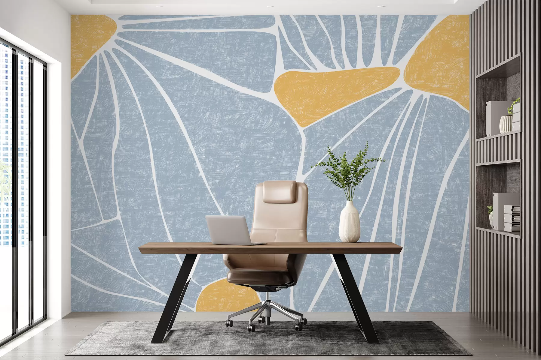 murales de pared Diseño floral abstracto, amarillo y azul, texturizado w01007