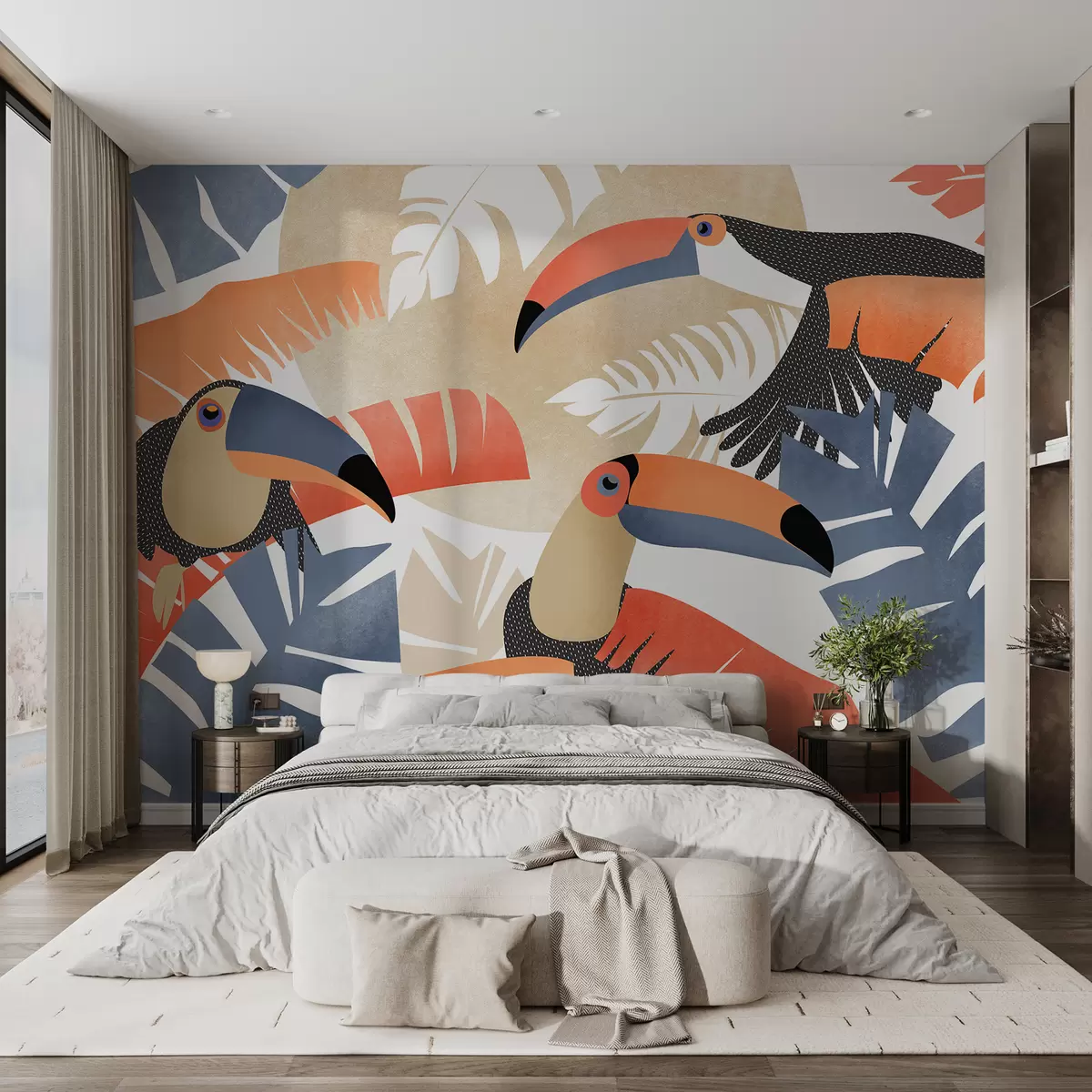 murales de pared Tucanes en hojas tropicales, color azul, rojo, naranja. w01008