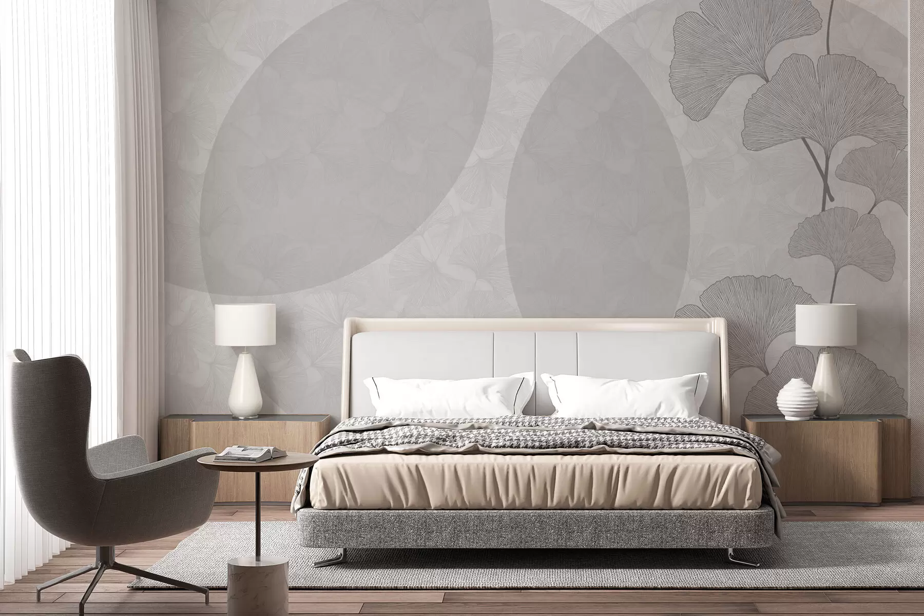 murales de pared Hojas de ginkgo grandes y geometría de color gris. w01465v3