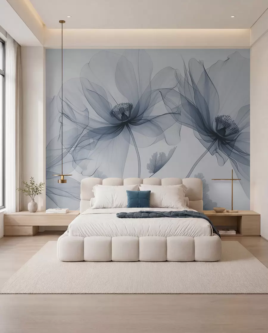 murales de pared Flor azul transparente en estilo de rayos X sobre fondo blanco Diseño botánico monocromático minimalista w01482v1