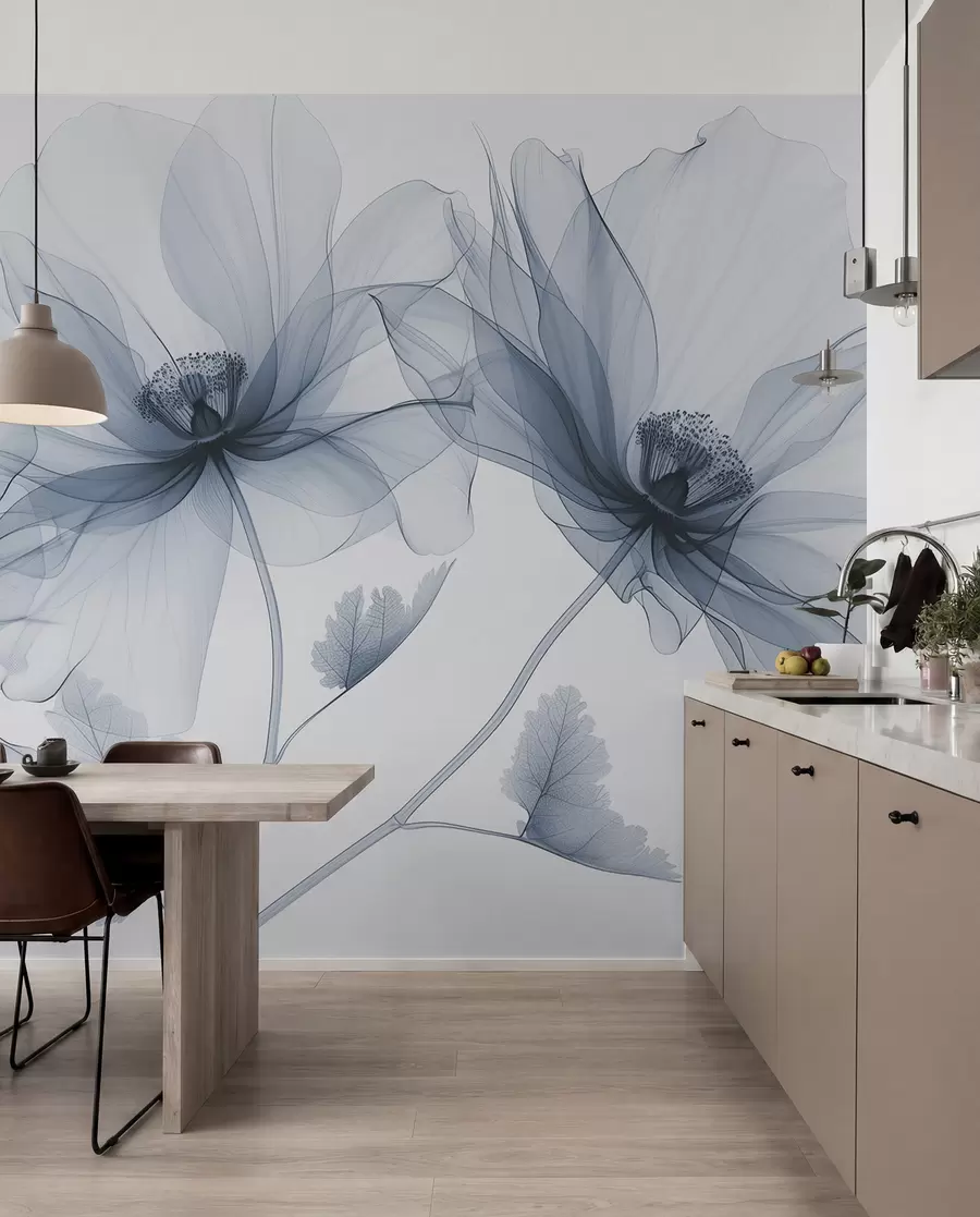 murales de pared Flor azul transparente en estilo de rayos X sobre fondo blanco Diseño botánico monocromático minimalista w01482v1