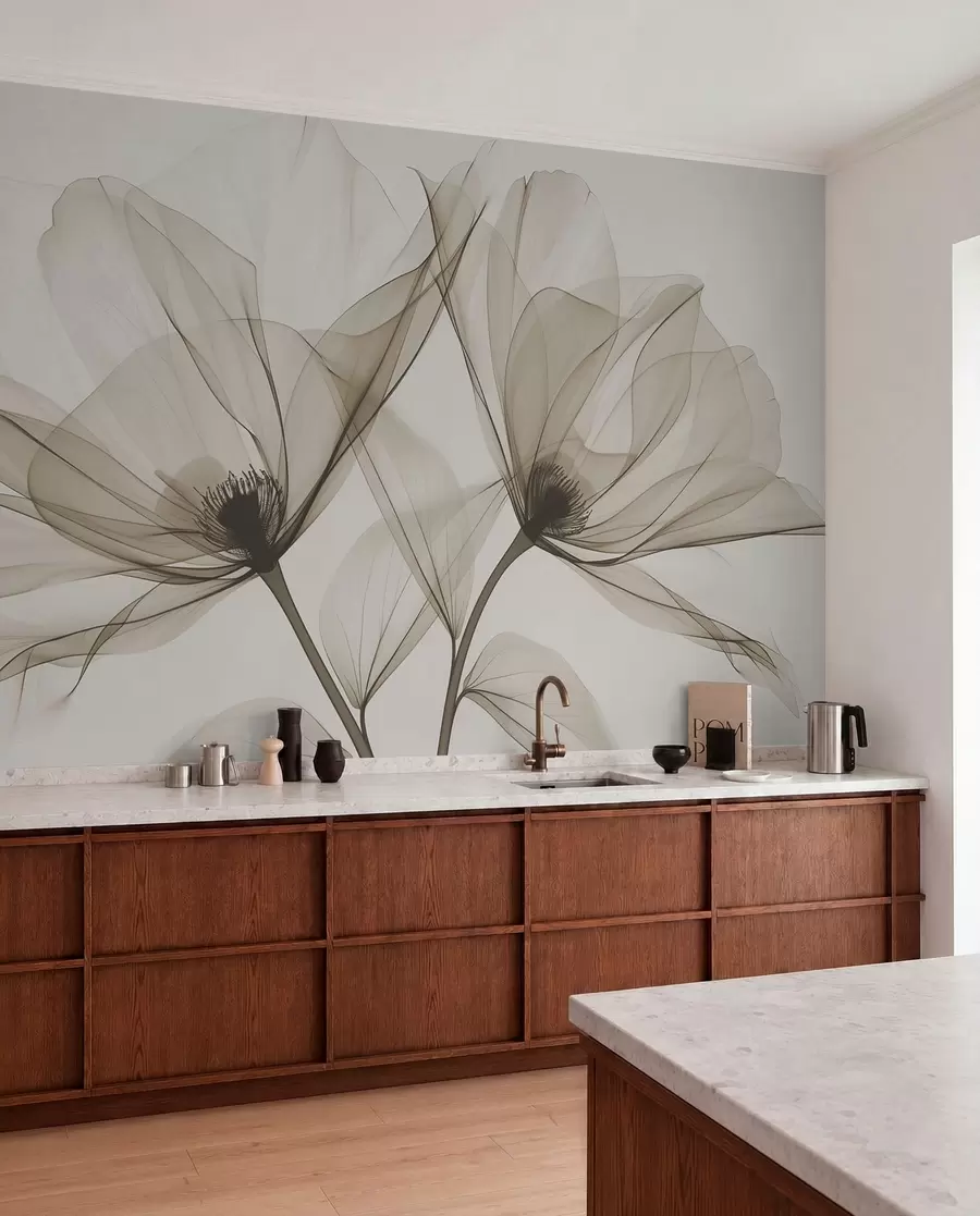 murales de pared Flor azul transparente en estilo de rayos X sobre fondo blanco Diseño botánico monocromático minimalista w01482v1