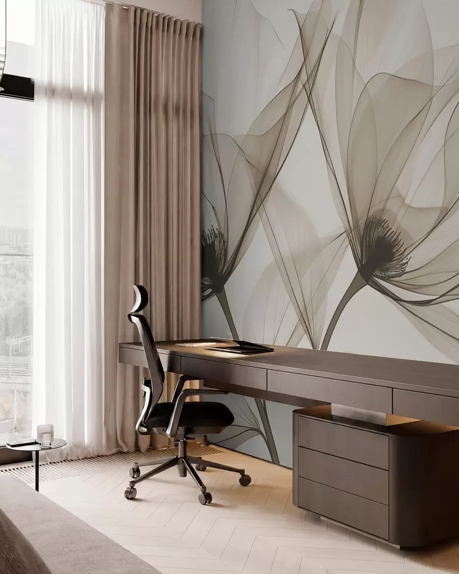 murales de pared Flor azul transparente en estilo de rayos X sobre fondo blanco Diseño botánico monocromático minimalista w01482v1