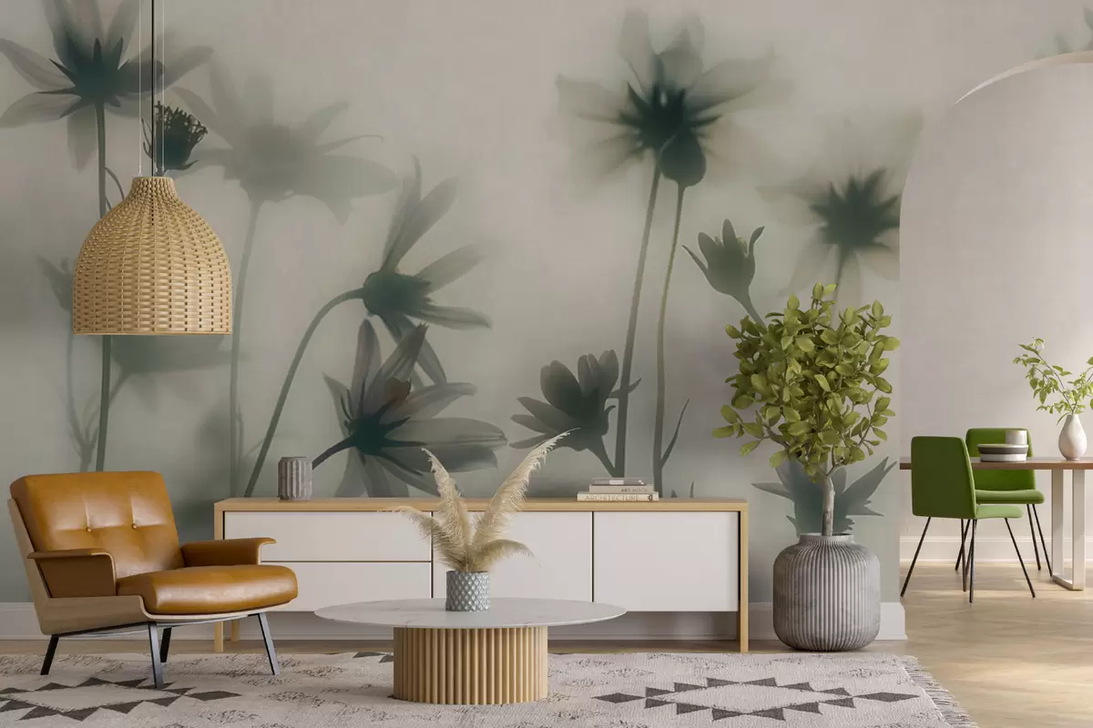 murales de pared Delicadas flores en la niebla en colores azules. w01468v1