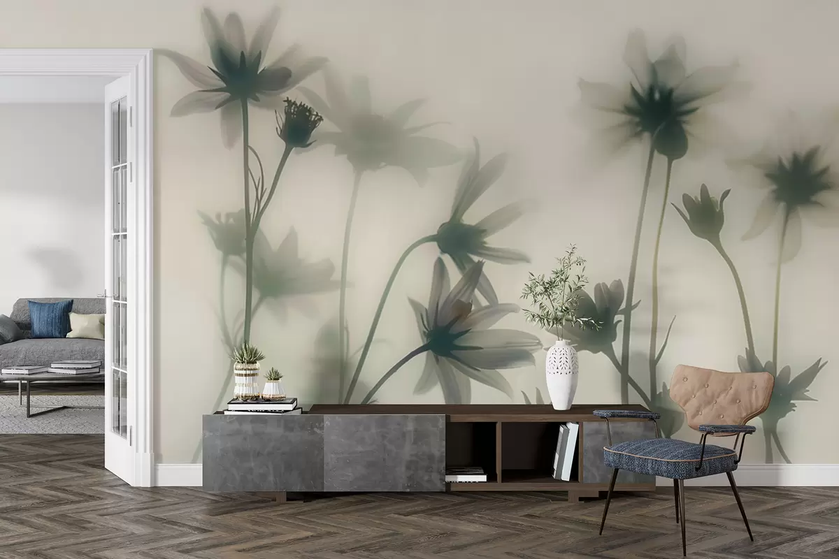 murales de pared Delicadas flores en la niebla en colores azules. w01468v1