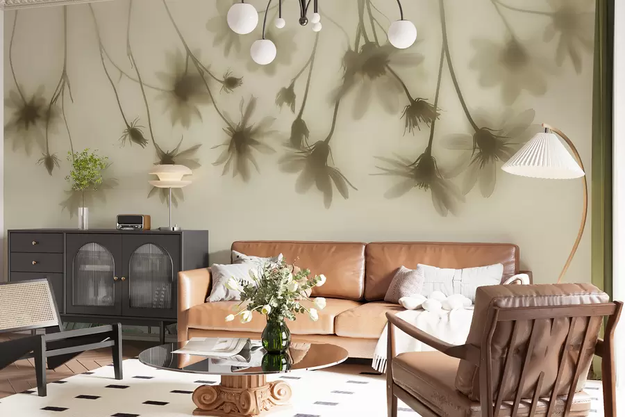 murales de pared Delicadas flores en la niebla colgando desde arriba en colores pastel w01469v1