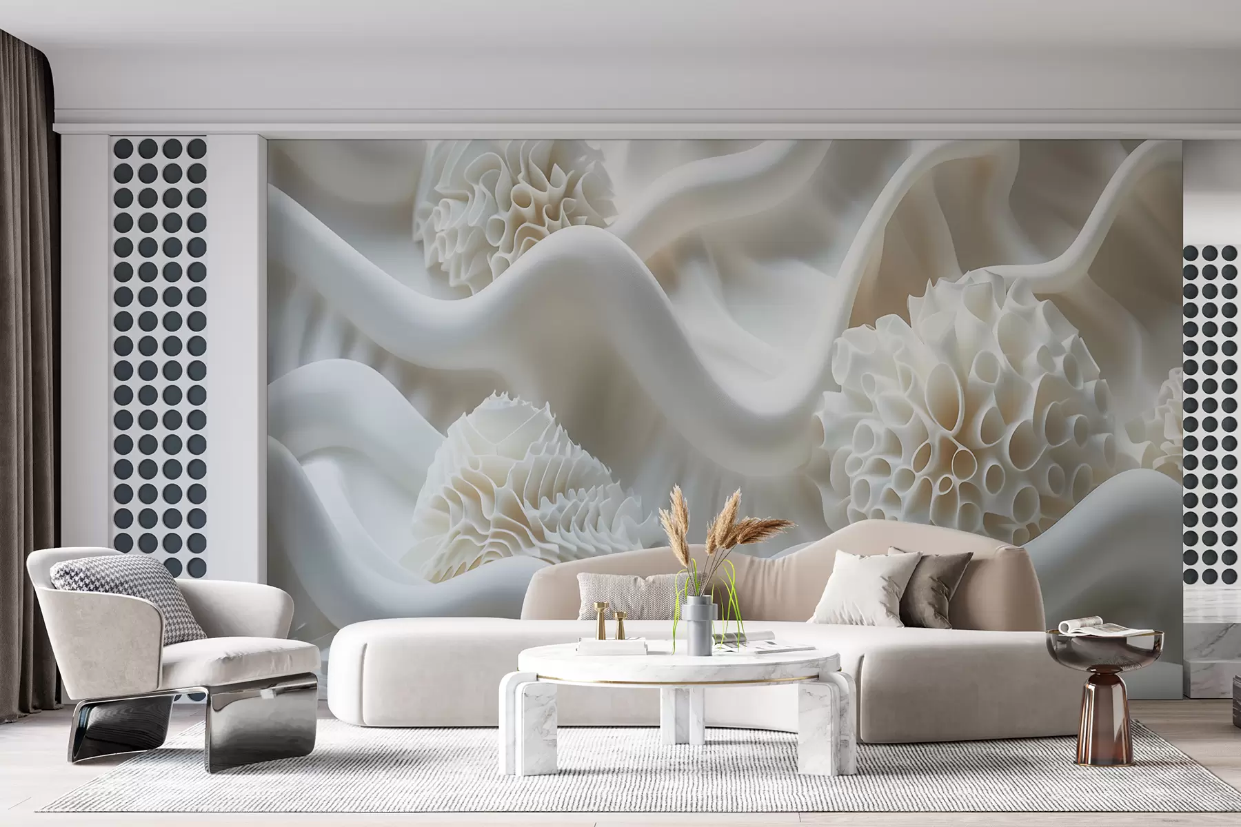 murales de pared Fondo abstracto ondulado de formas blancas en estilo 3D w01475