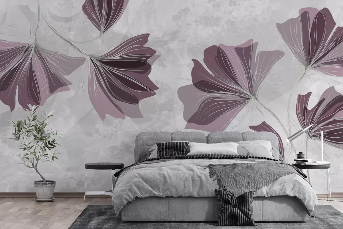 murales de pared delicadas flores moradas, flores grandes, fondo gris, acuarela w01032