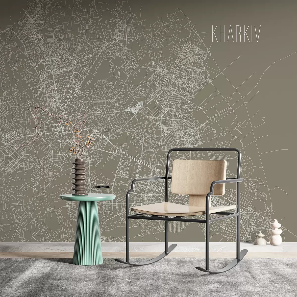 murales de pared Mapa ampliado Mural de pared con retrato de la ciudad de Járkov sobre fondo marrón  w01024v1