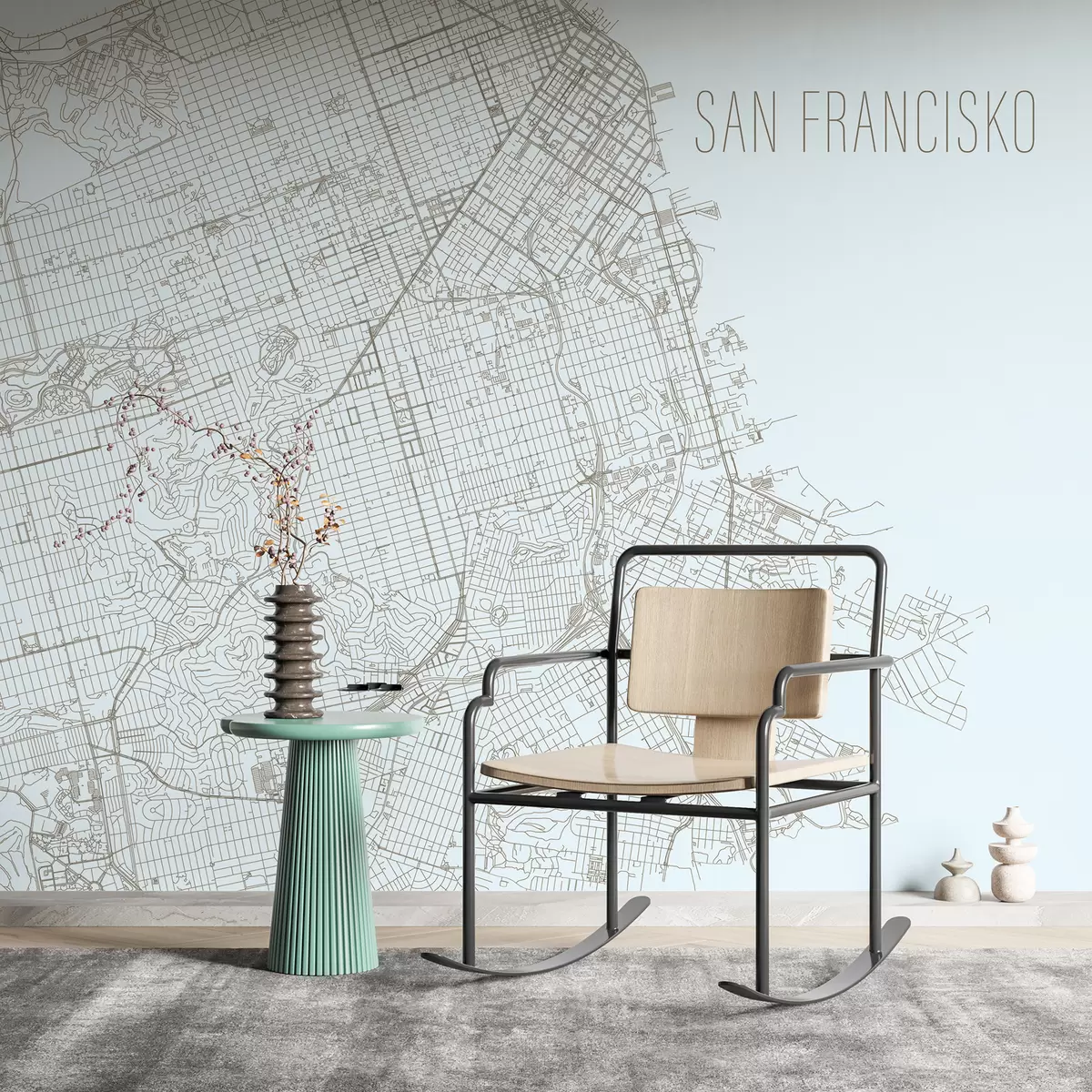 murales de pared Mapa ampliado Mural mural de la ciudad de San Francisco sobre fondo azul claro  w01025