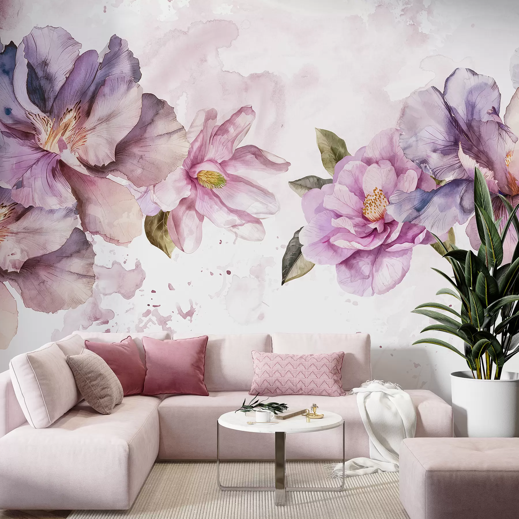 murales de pared Delicadas flores de acuarela de color rosa y morado con pétalos suaves y hojas verdes sobre un fondo claro w08238