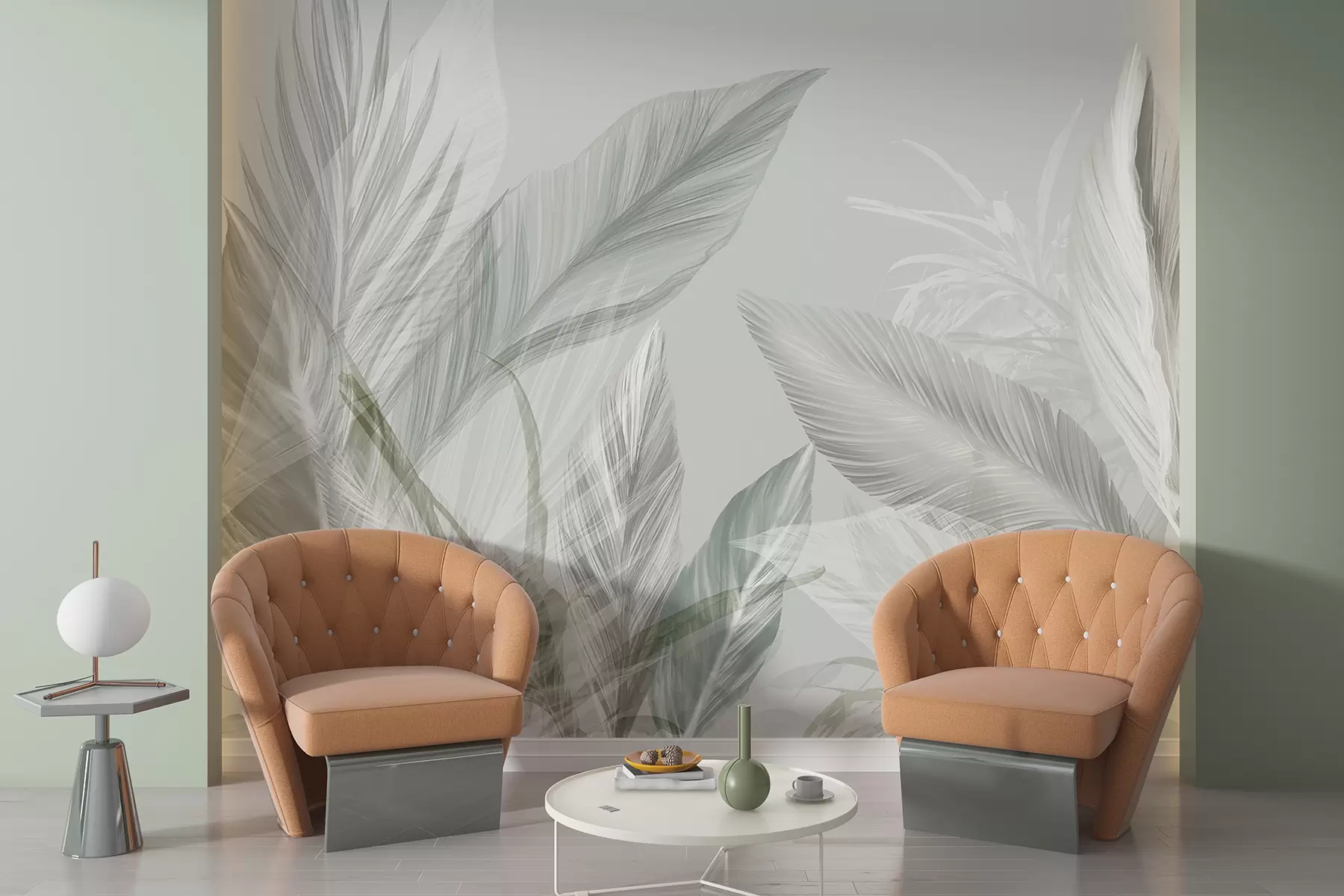 murales de pared Suaves plumas blancas, verdes y grises y hojas tropicales flotando sobre un fondo claro w08241