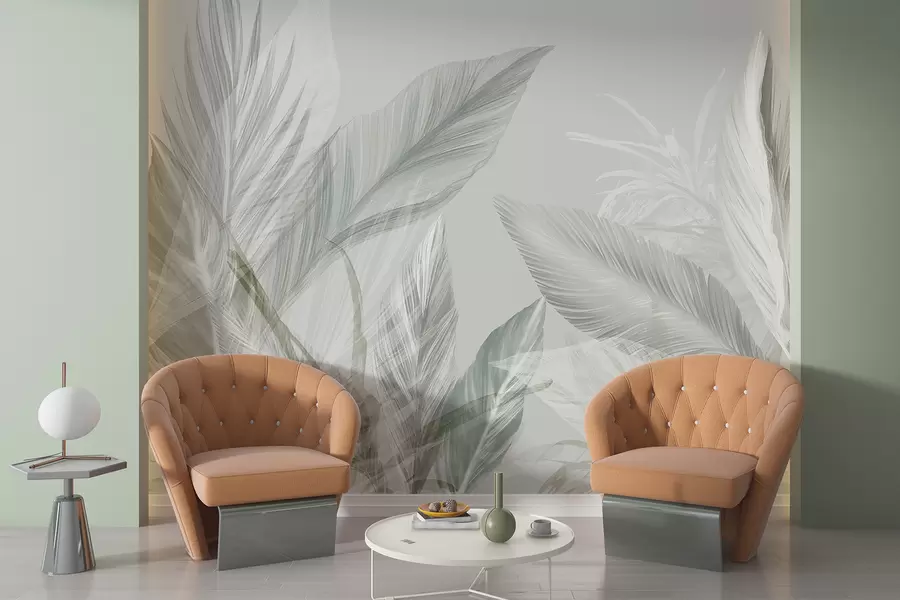 murales de pared Suaves plumas blancas, verdes y grises y hojas tropicales flotando sobre un fondo claro w08241