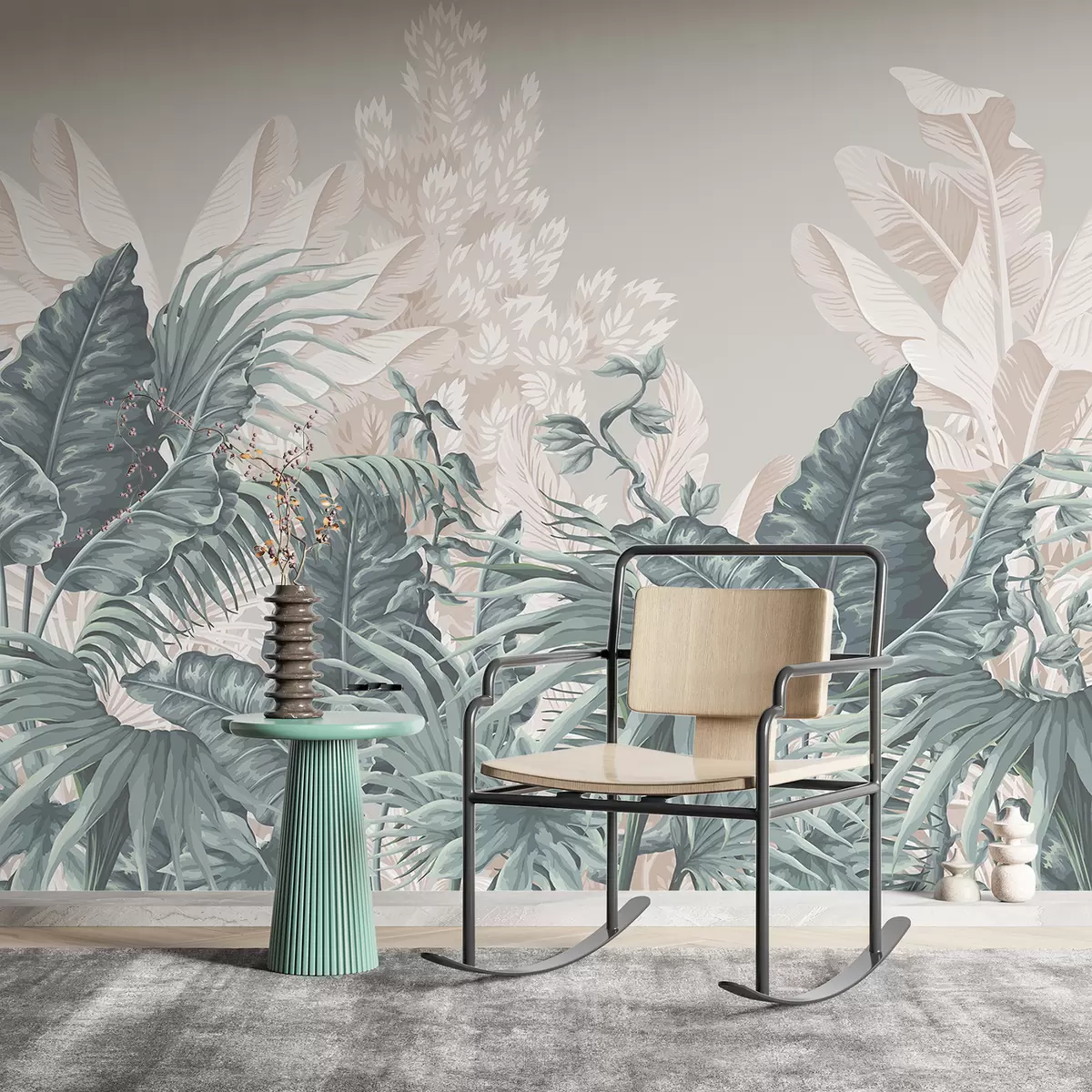 murales de pared Una escena de jungla tropical con grandes hojas verdes y flores en primer plano, creando una atmósfera exuberante. w08242