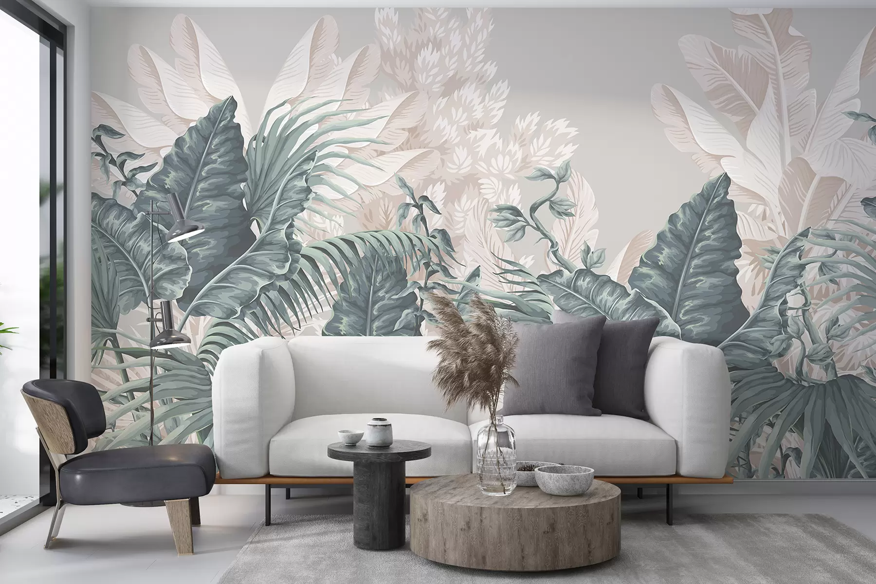 murales de pared Una escena de jungla tropical con grandes hojas verdes y flores en primer plano, creando una atmósfera exuberante. w08242