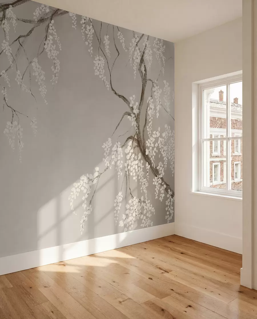 murales de pared Delicado cerezo blanco con flores floreciendo en las ramas sobre un fondo beige w08243