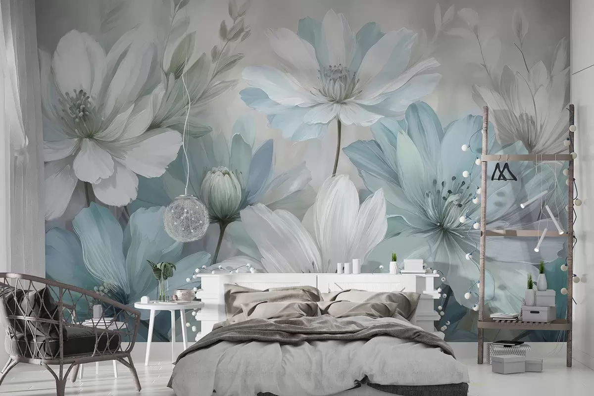 murales de pared Un primer plano de una pintura artística de flores blancas y celestes parecidas a margaritas con fondos suaves y borrosos w08247