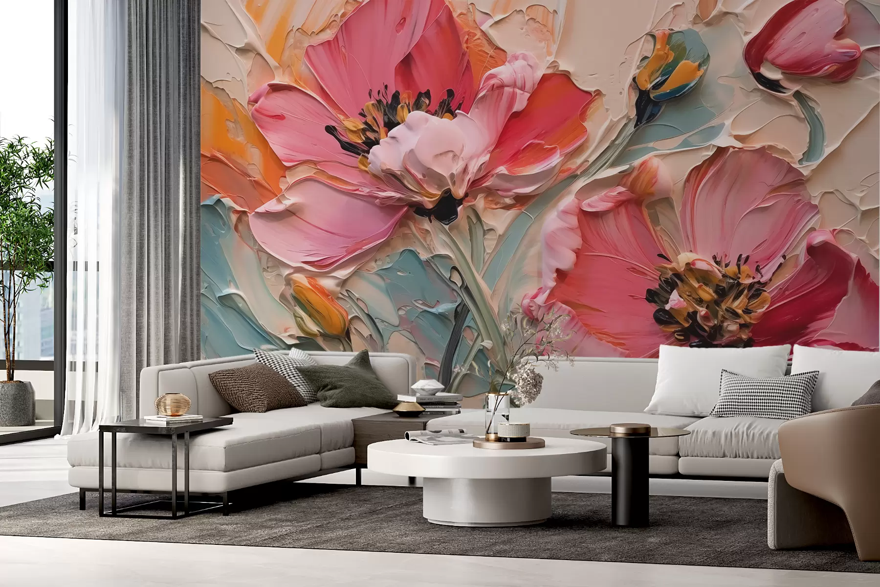 murales de pared Grandes flores de color rosa brillante sobre un fondo beige azulado w01040