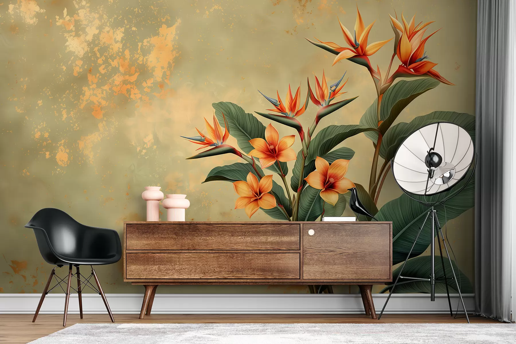 murales de pared Flora soleada de flores tropicales de color naranja brillante. w01486
