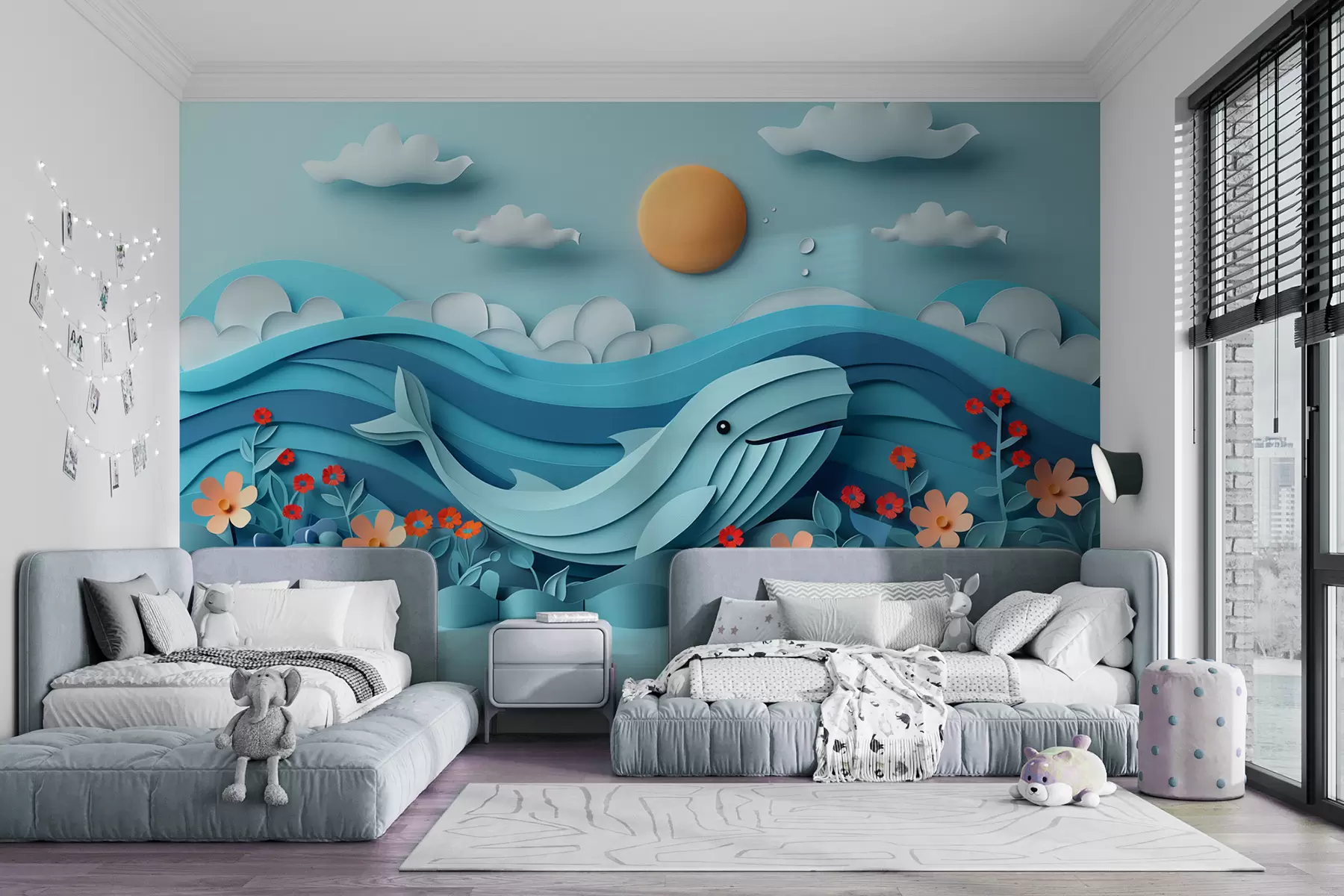 murales de pared Ballena linda cortada en papel sobre fondo azul w01430
