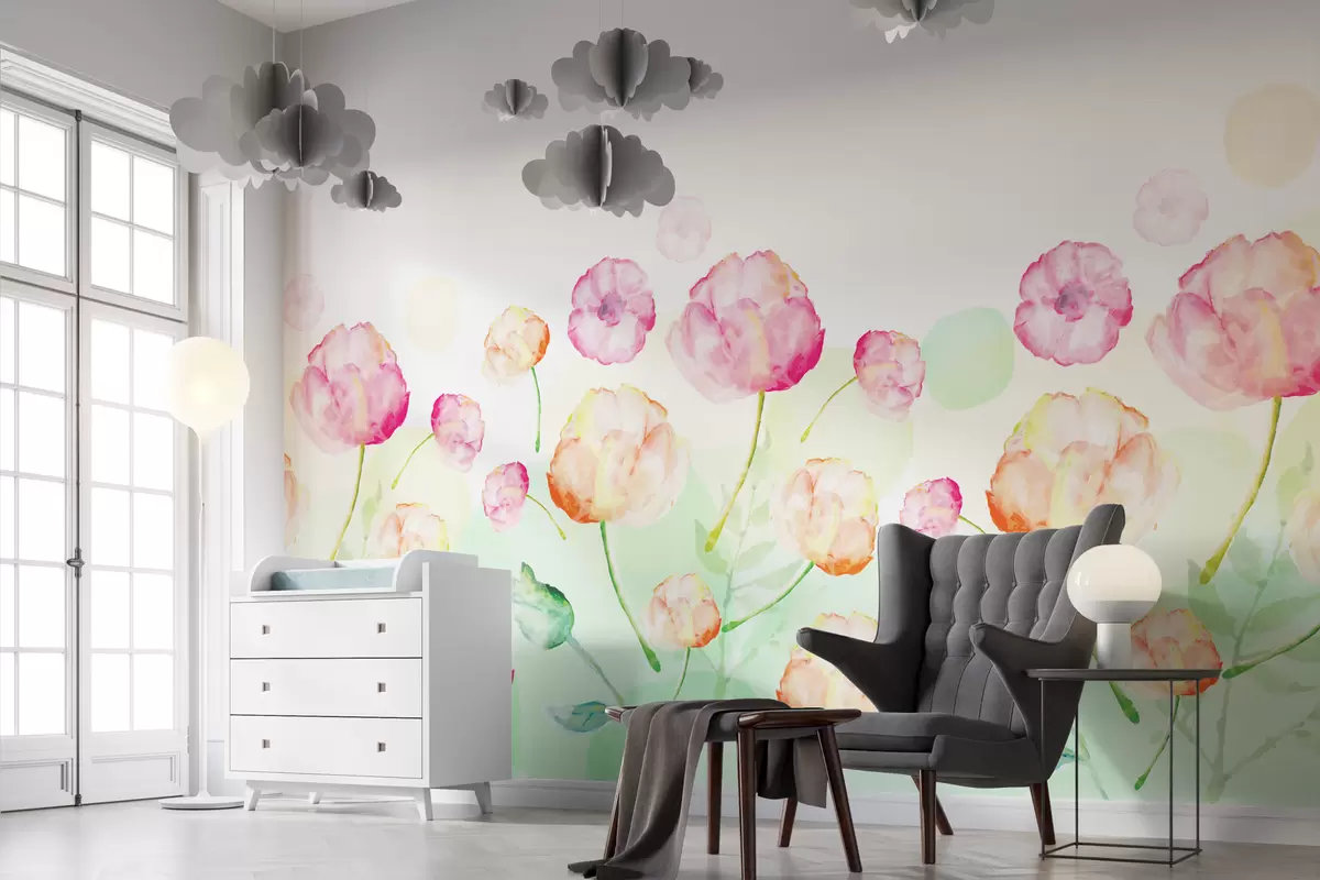 murales de pared Tulipanes de color rojo anaranjado y rosa en técnica de acuarela sobre fondo blanco con manchas verdes w01028