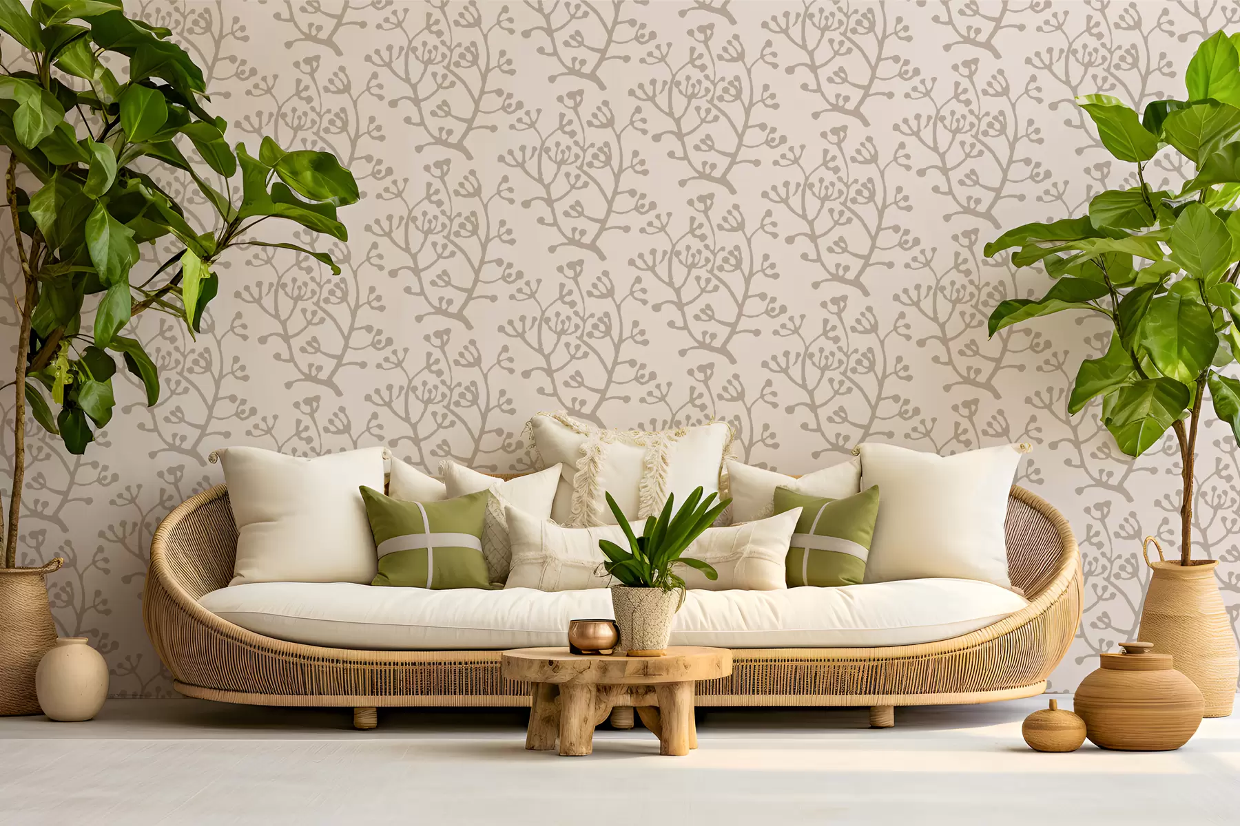murales de pared Estampado floral moca sobre fondo beige w01049v1