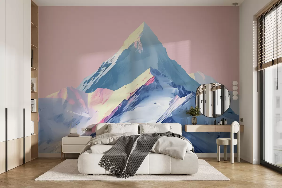 murales de pared Montañas azules y rosas en estilo dibujado. w01497