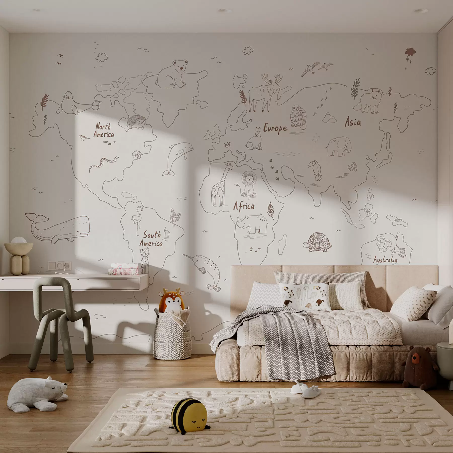 murales de pared Mapa del mundo y animales lindos w01502