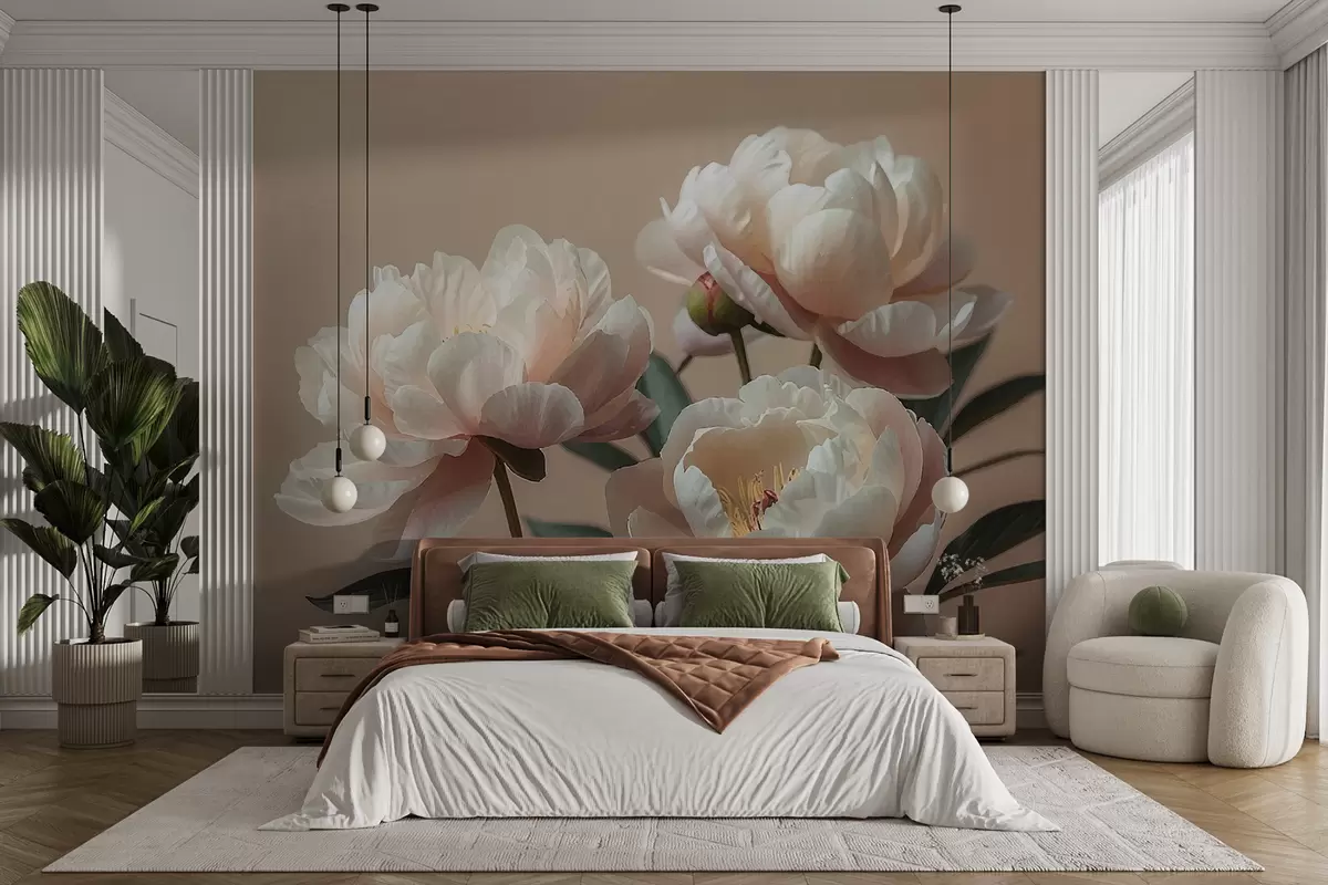 murales de pared Flores de peonía, beige, lechosas. w01510